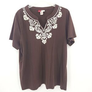 JM Woman Blouse Top Womens Plus Size 3X Brown Embroidered Short Sleeve Knit Boho
